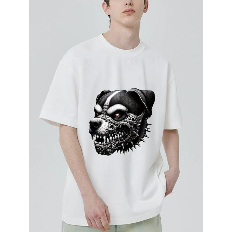 Black T Shirt with Dog Head Mechanical Design for Casual Wear