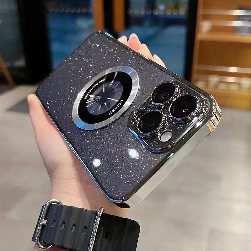 Металлический магнитный кронштейн для чехла для телефона iPhone 16 для Apple 15 Pro Гальванизированный ПК Глиттер Защитная крышка Прозрачный