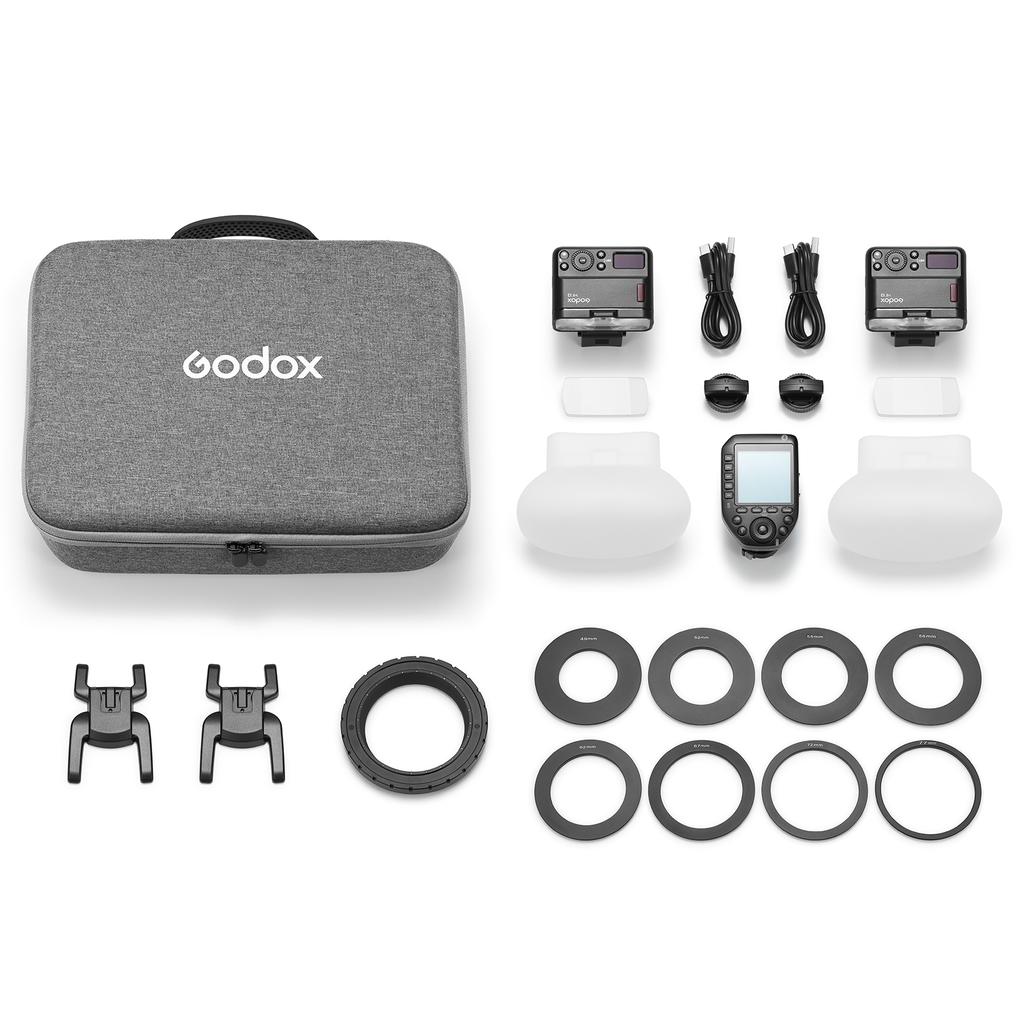 Комплект макро-вспышек GODOX MF12 DK1, включающий 2 x MF12 накамерные TTL-вспышки + 1 x триггер + 8 x переходных колец + 1