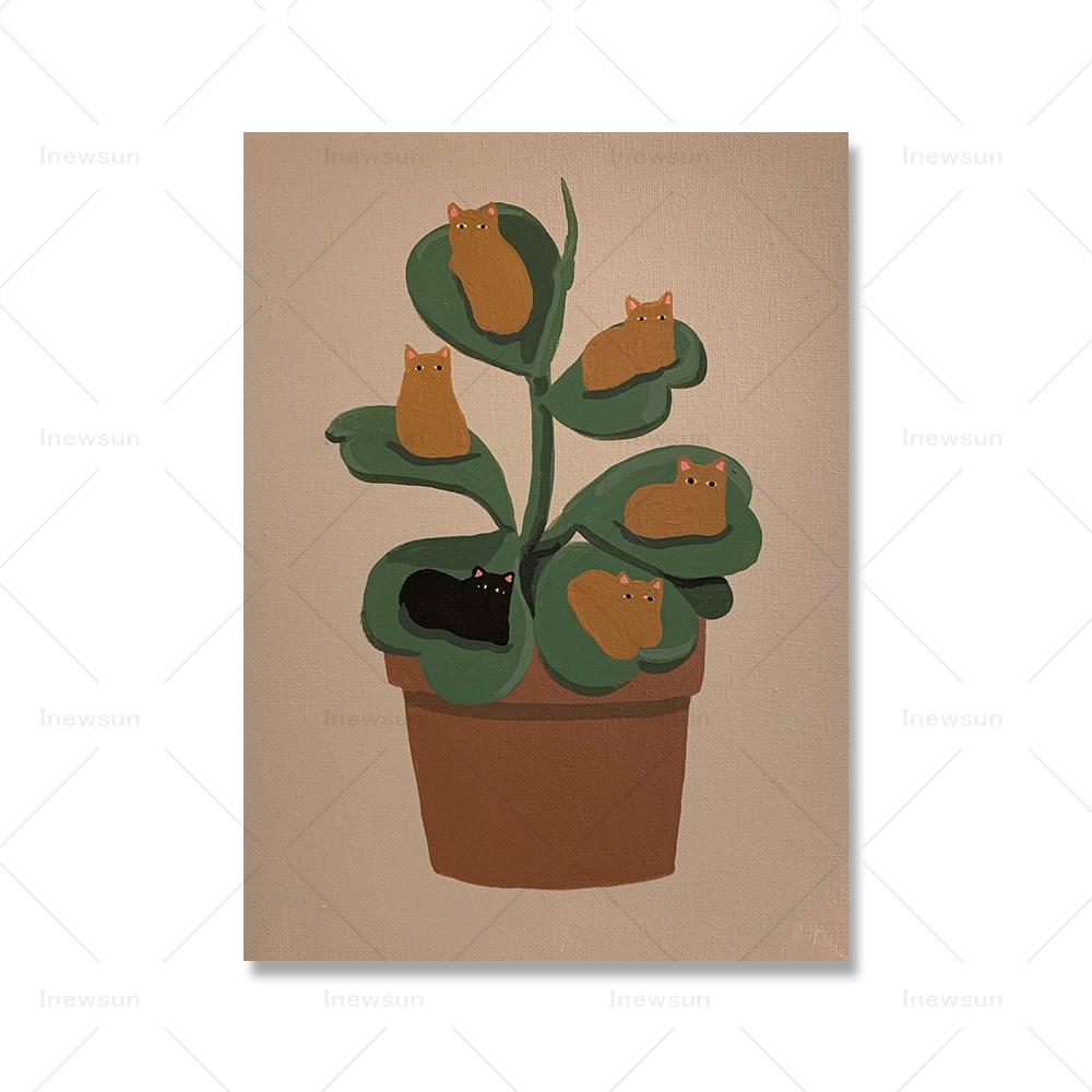 Cat with Plants Canvas Prints Painting Posters Abstract Cat Modern Nordic Wall Pictures Art for Kids Room Bedroom Home Decor