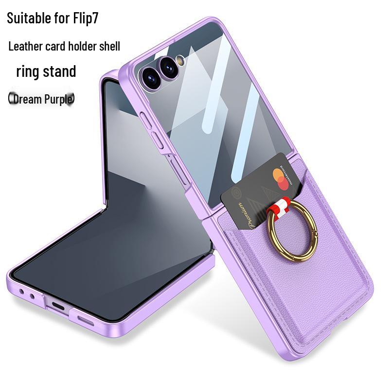 Ультратонкий кожаный чехол для Samsung Z Flip7: Полное покрытие, Держатель для карт, Кольцо, Защита от падений