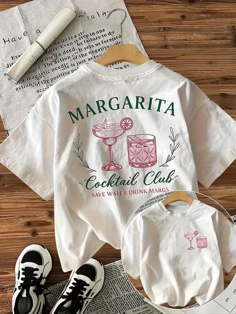 Margarita Cocktail Club water-saving beverage pattern, summer children's casual Polyester white short sleeved top