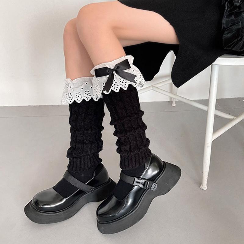 Women Autumn Ruffled Lace Bowknot Leg Warmers Japanese Lolita Twist Cable Knitted Foot Covers Student Stretch Calf Socks