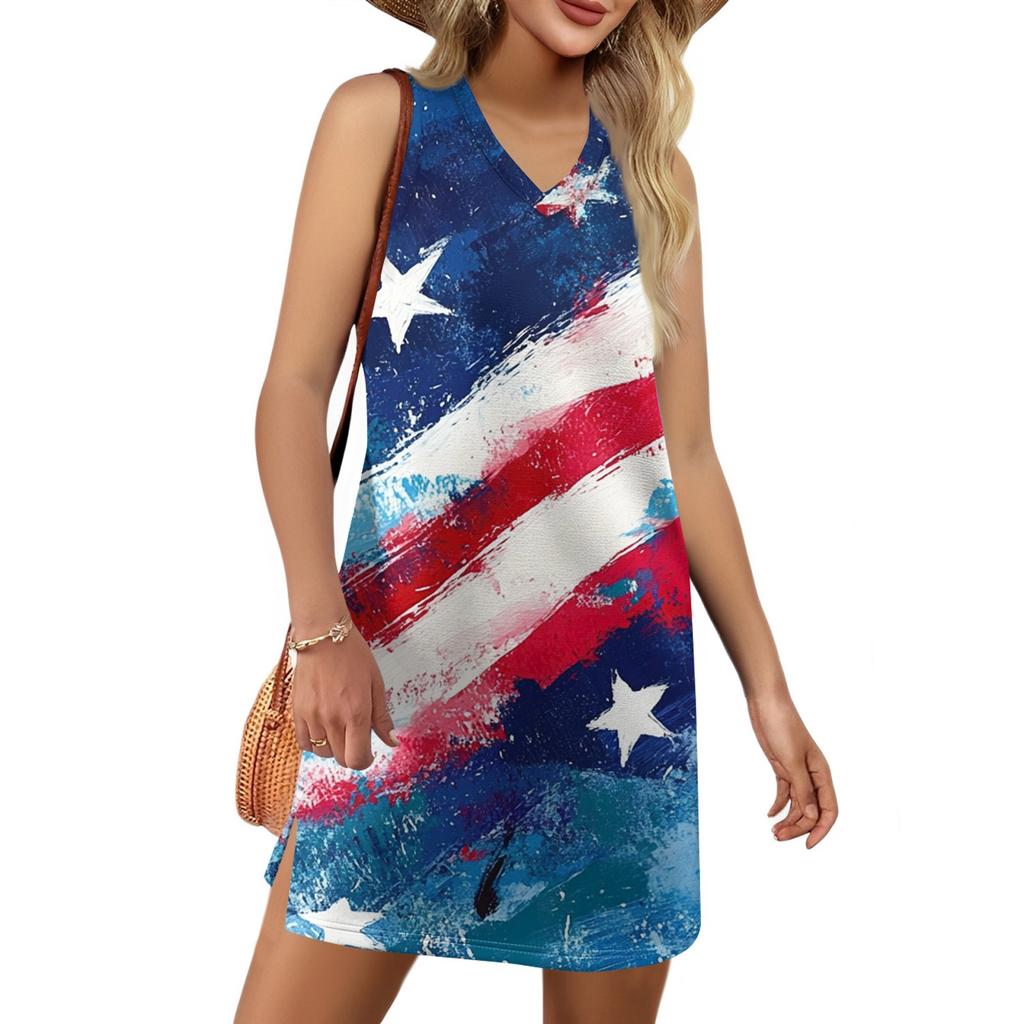 Women's V-neck Summer Casual Beach Vacation Women's Sleeveless Independence Day Print Sundress