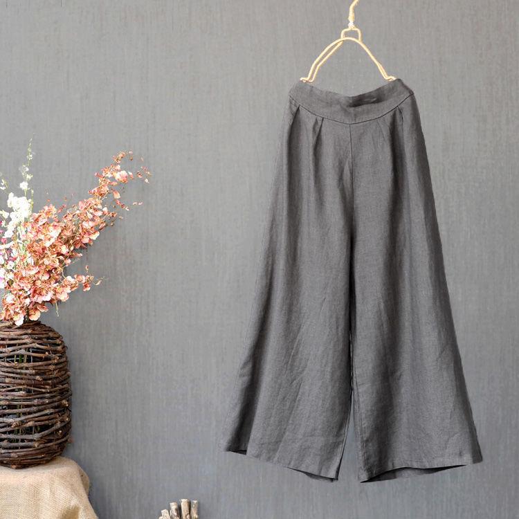 Women's Wide Leg Pants Solid Color Loose Literary Cotton Linen Retro Casual Pants Nine Points Pants Spring Summer Autumn