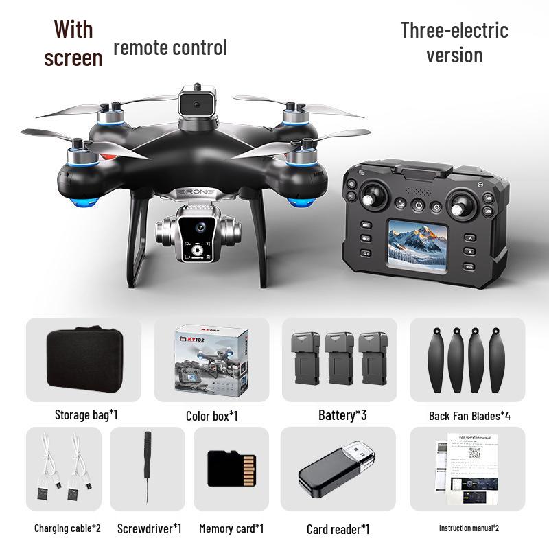 Дрон KY102 с управлением экраном, позиционированием по оптическому потоку, бесколлекторным двигателем и четырехосевым пультом дистанционного управления.