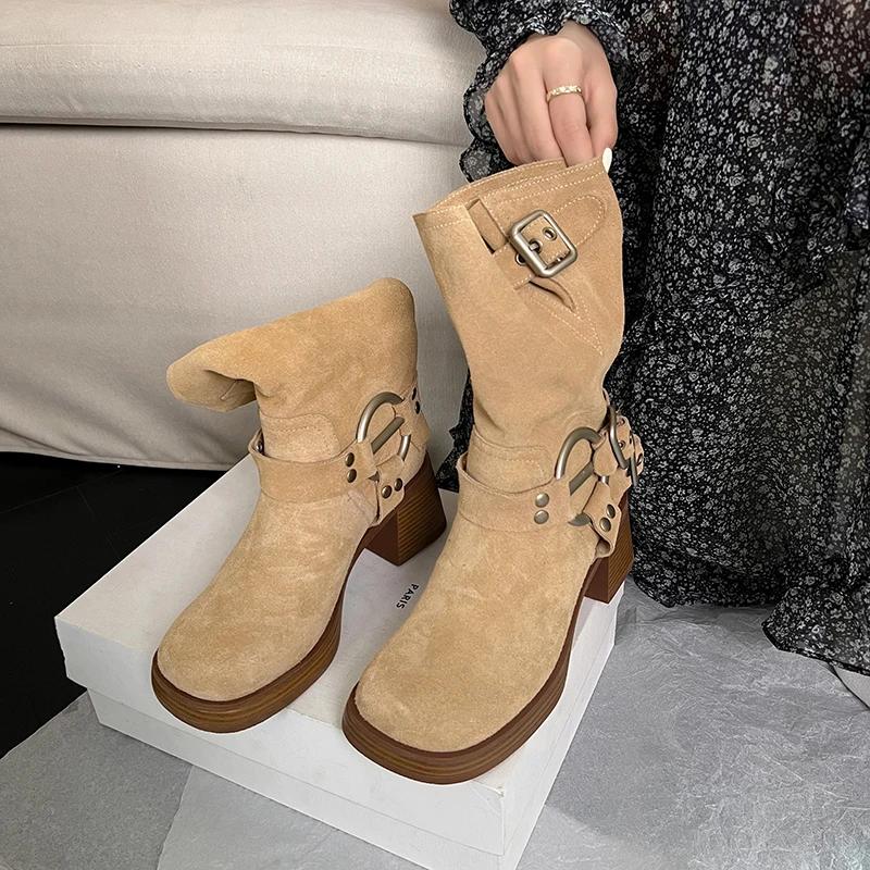 Fashion Square High Heel Women Western Cowgirl Boots Fashion Belt Buckle Slip On Shoes Retro Style Autumn Winter Ladies Mid Calf Booties