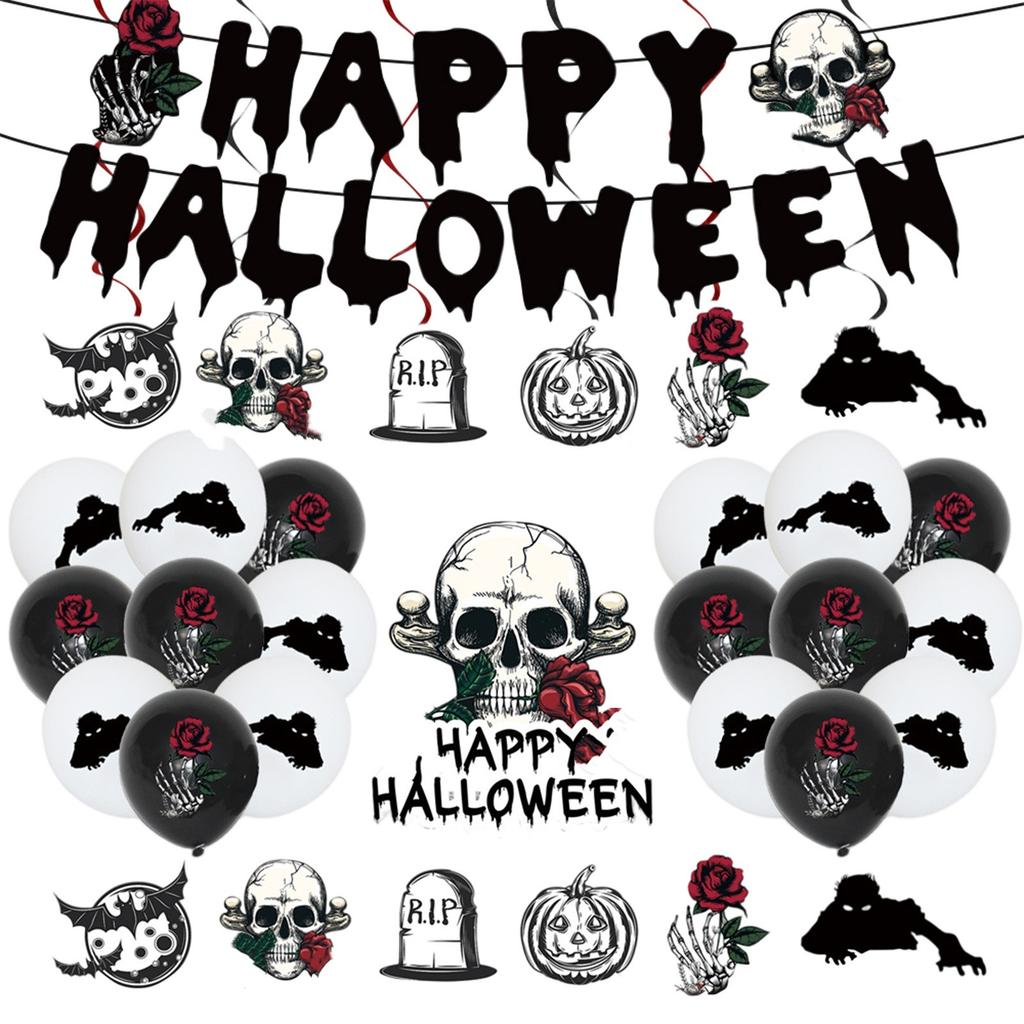 Halloween Black Skeleton Rose Decorations Disposable Supplies Tableware Halloween Party Decorations