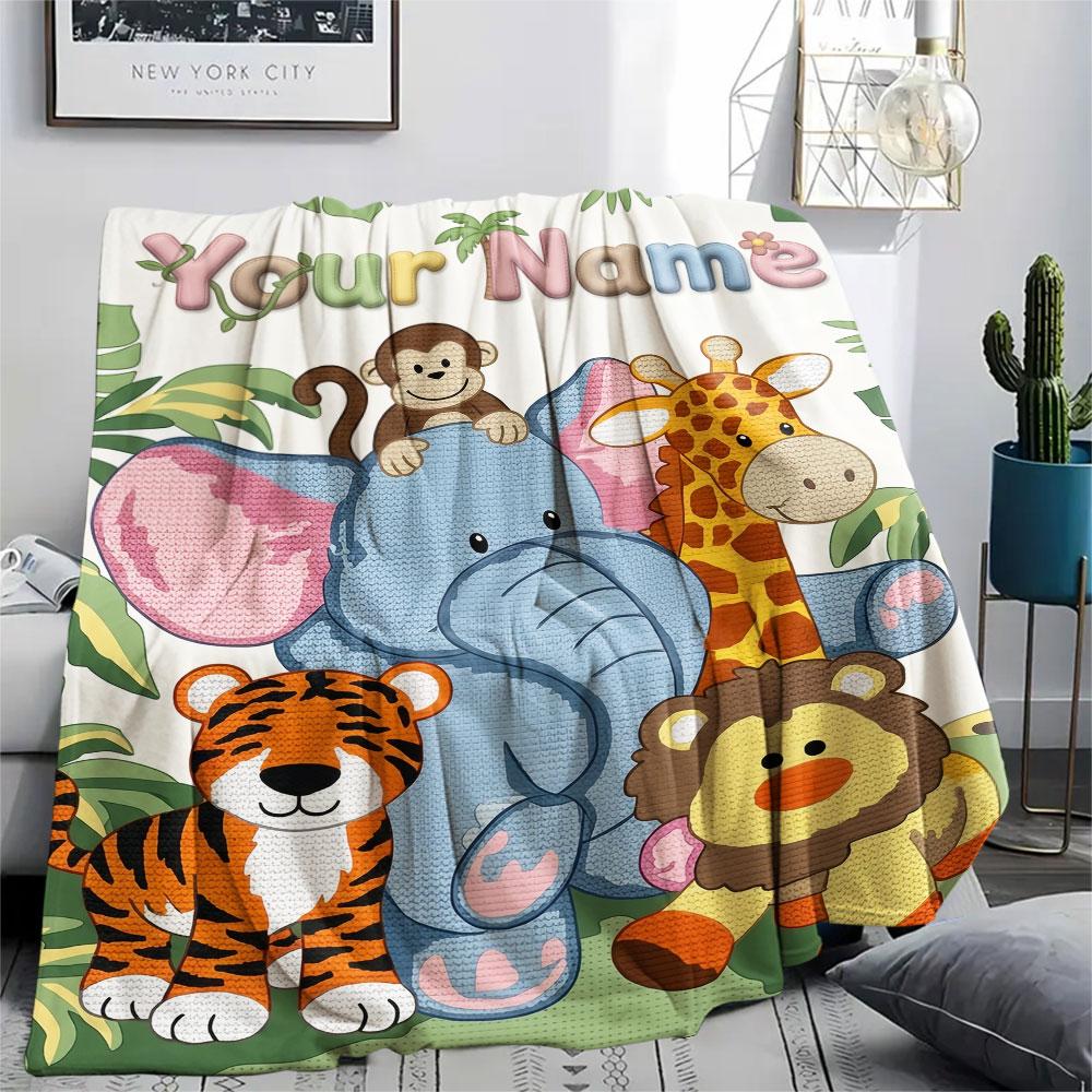Custom Name,Cute Safari Animal Series Printed Flannel Blanket, soft throw for bedroom sofa, washable,fan merchandise, great gift.chl