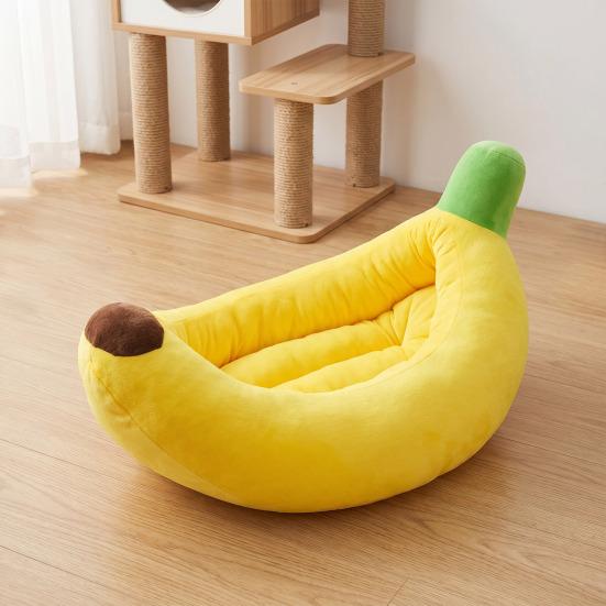 Banana Pet House with Removable Washable Cushion Soft Plush Cat Bed for All Seasons Semi-Enveloping Pet Bed for Cats