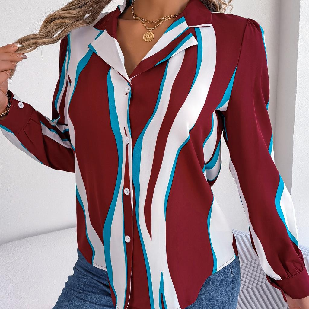 GMXIA Женский модный повседневный летний костюм с длинным рукавом, блузки с воротником и рубашки всех видов контрастных цветов и полосок