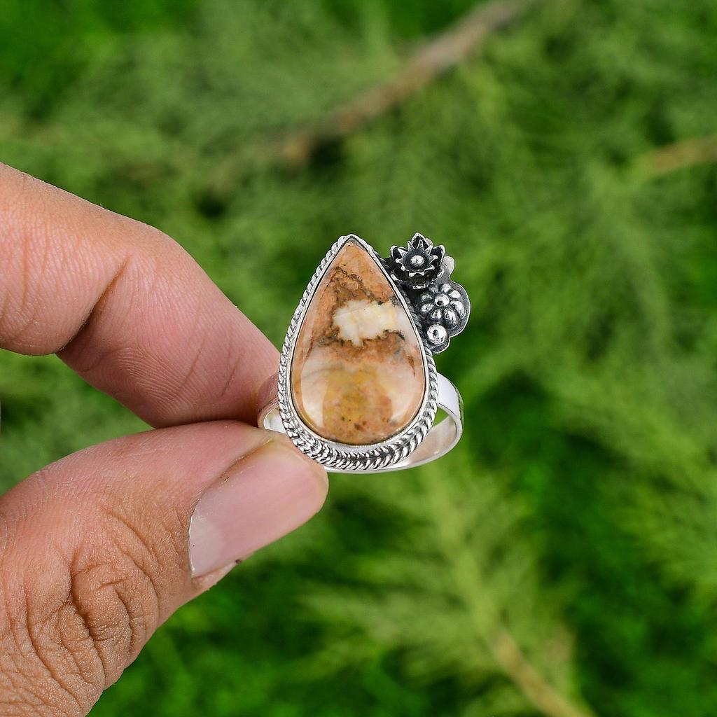 925 Sterling Silver Pear Natural Mookaite Multi Stone Flower Sister Ring Jewelry