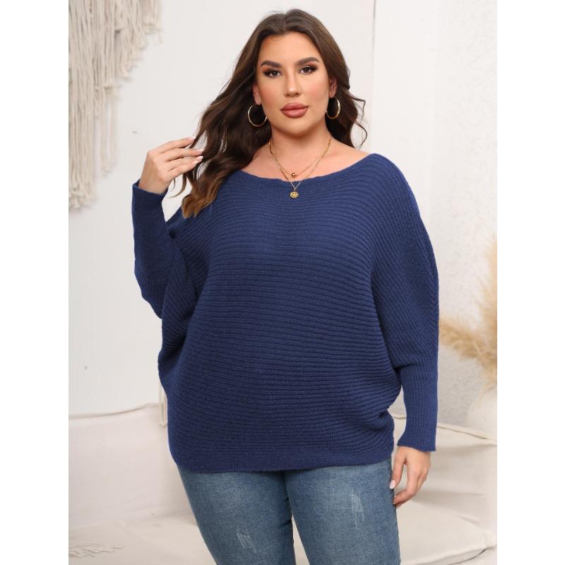 Женский пуловер большого размера, свободный свитер на осень и зиму с рукавами «летучая мышь» и однотонным вырезом с открытыми плечами