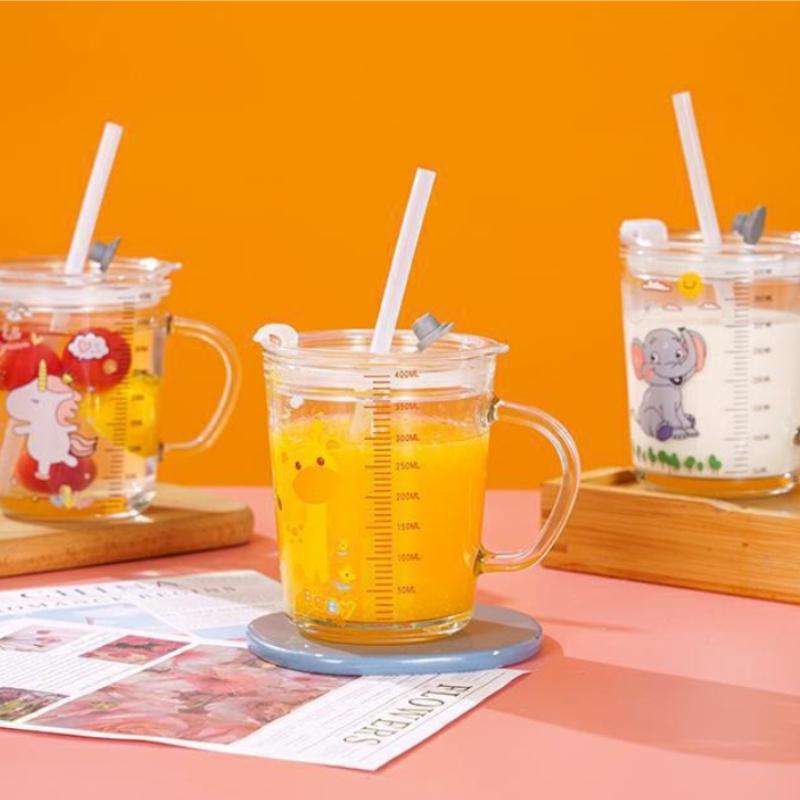 High Quality Kids Straw Cup with Lid and Handle Cute Glass Tumbler with Scale for Water Tea Milk Coffee Elephant Cartoon Pattern