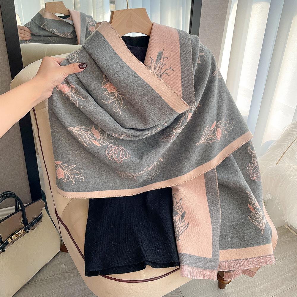 Korean Version Printed Imitation Cashmere Scarf Women'S Winter Double-Sided Thickened Neck Protection Scarf Air Conditioner Shawl