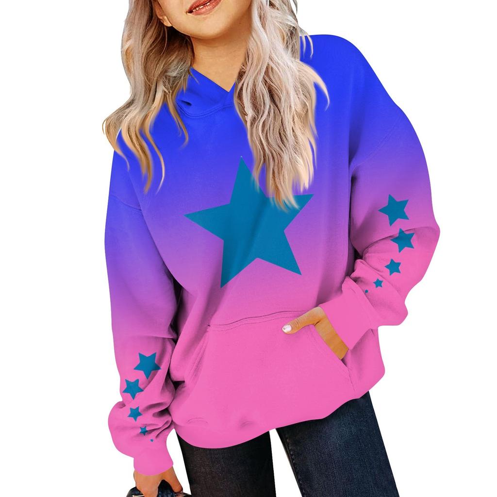 Girls Long Sleeve Printed Gradient Color Children's Hooded Pocket Sweatshirt