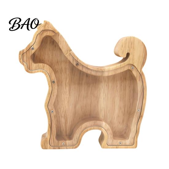 Safe Wooden Money Box Dog Piggy Bank with Clear Front, Unbreakable Puppy Coin Cash Visible Saver Container, Decorative Animal Saving for Boys