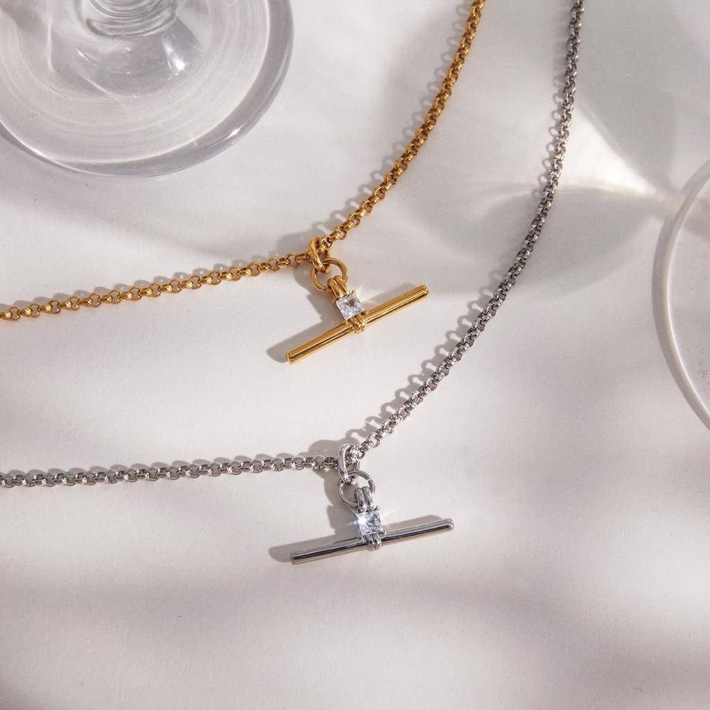 Молодежная квадратная подвеска с цирконом на Т-образной цепочке для женщин, минималистичное ожерелье из нержавеющей стали с покрытием PVD 18 карат, модные украшения