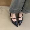Soft Leather Version~ Pointed Temperament Metal Buckle One-word Strap High Heels Light Mouth Low Heel French Commuter Black Single Shoes Women