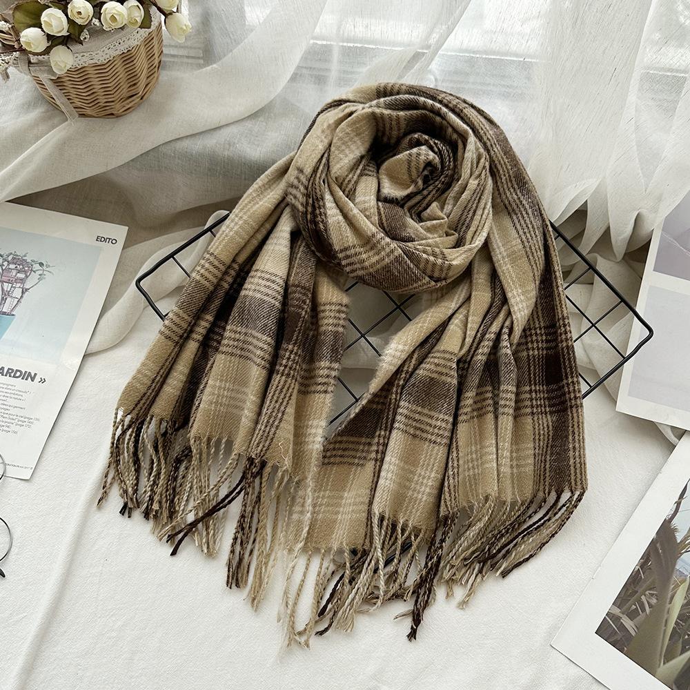 High End Imitation Cashmere Plaid Scarf Versatile and Warm In Winter  Women's Neck Scarf  Fringed Shawl