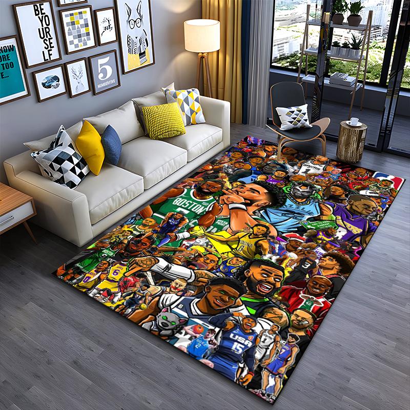 Area Rug, NBA Superstars Cartoon Collage All Teams Players Tatum LeBron Luka SGA Black Print, Fan Cave Decor, Non-Slip Mat