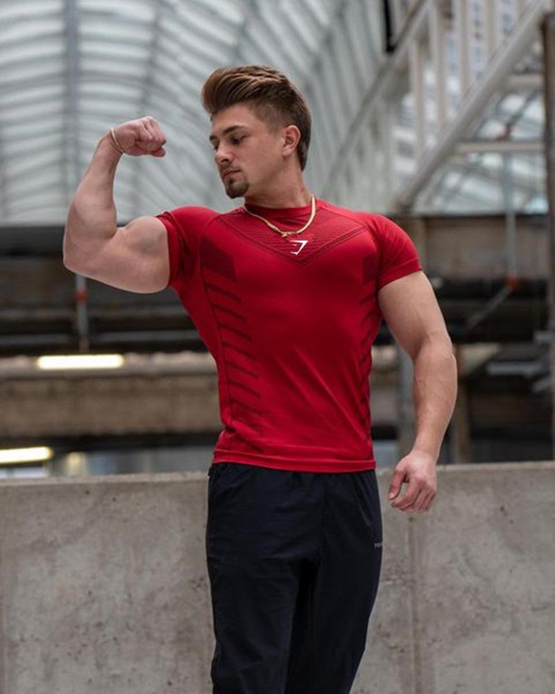 European Men's Cross-Border High Elastic Fitness Bodysuit - Short Sleeve Sports T-Shirt