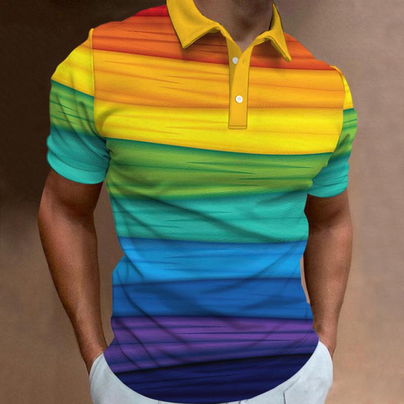 New Men'S Polo Shirt 3d Rainbow Printed Men Clothing Summer Casual Short Sleeved Loose Oversized Shirt Street Fashion Tops Tees