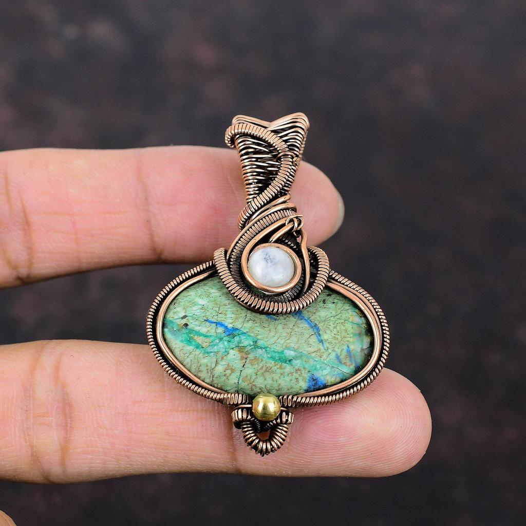 Кулон с азуритом и малахитом, подвеска из радужного лунного камня, медная проволока, кулон, ювелирные изделия из настоящего драгоценного камня, подарок для женщин, медные украшения ручной работы