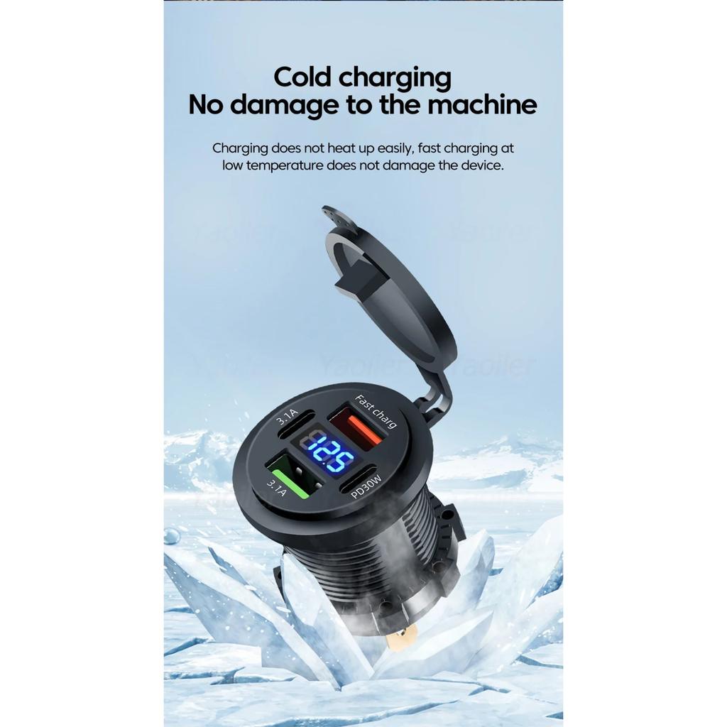 Новое автомобильное зарядное гнездо USB с двумя портами Type-C и USB-A, водонепроницаемое, со светодиодным вольтметром, быстрая зарядка 12 В/24 В для мотоадаптера