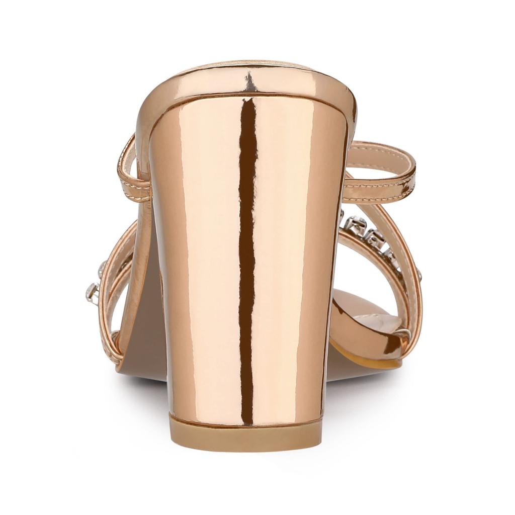 Allegra K Women's Rose Gold Slide Mule Sandals with Rhinestones, Cross Strap, Block Heel, Size 24.0cm