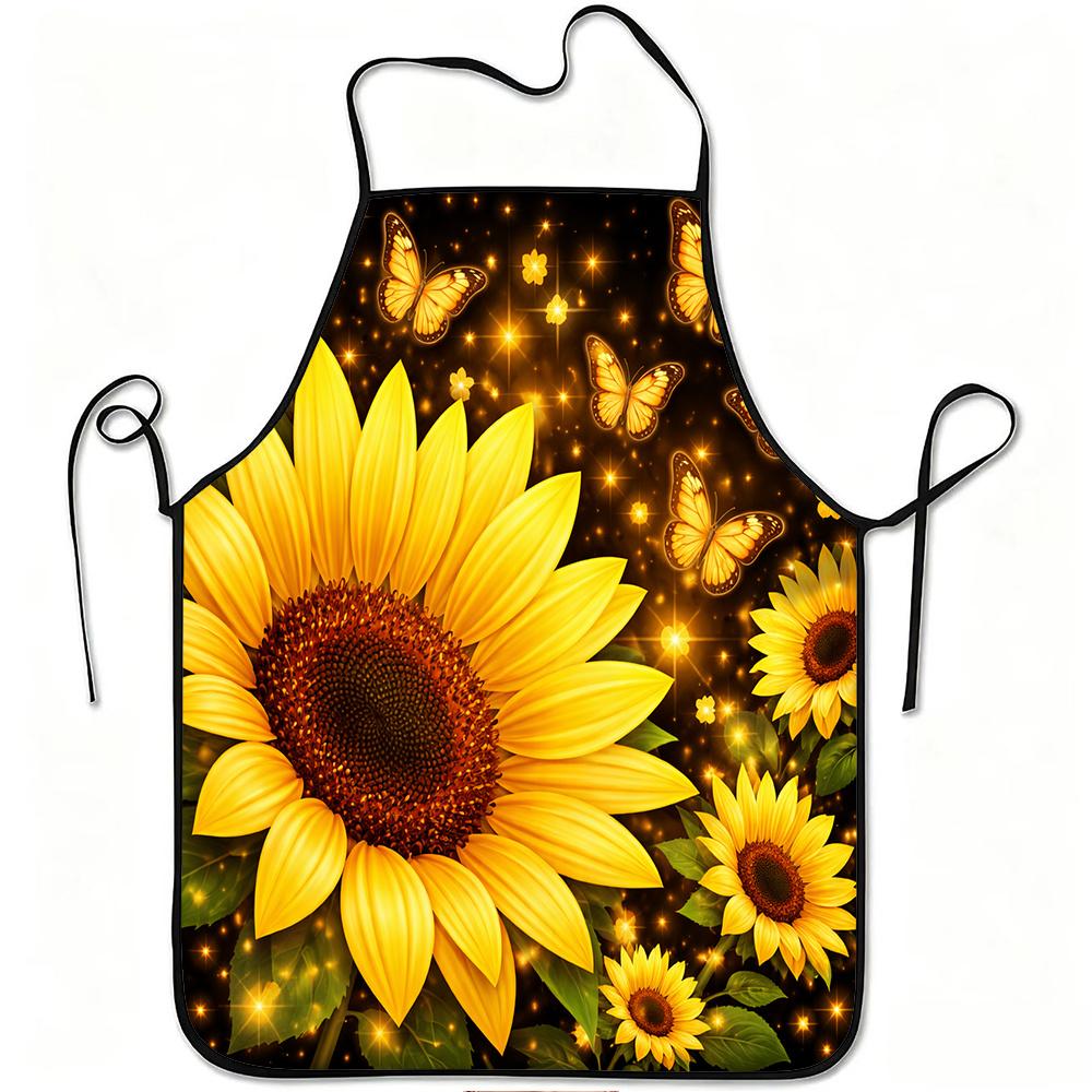 1pc Sunflower And Butterfly Bright Print Apron, Durable And Easy to Clean, Adjustable Waistband, Polyester Material, for Kitchen Cooking, Gardening, O