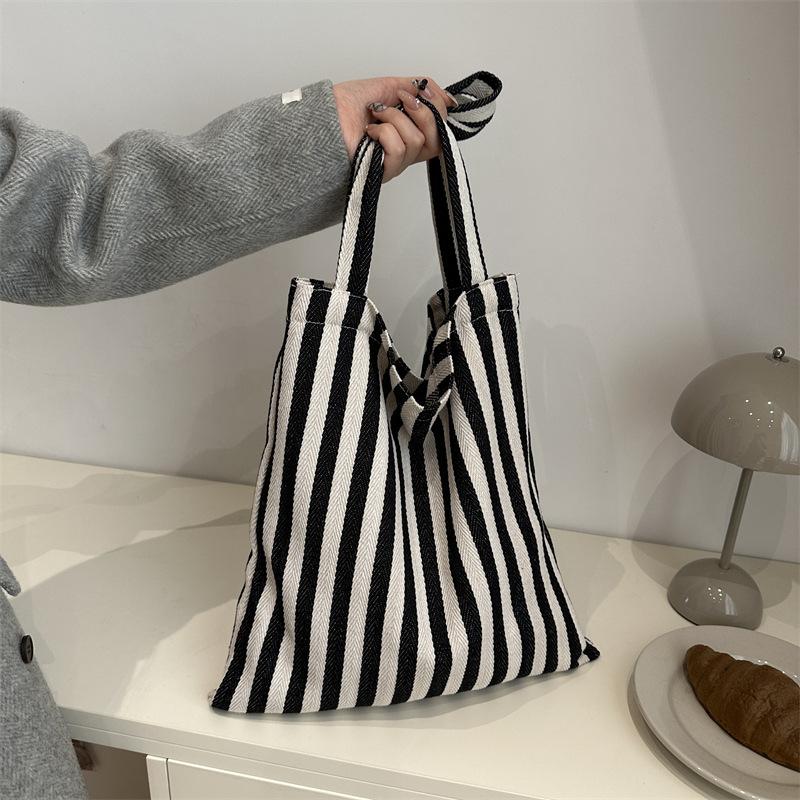 Retro Literary Handbag Simple Small Fresh Striped Canvas Bag Casual Fashion Large Capacity Shoulder Women'S Bag