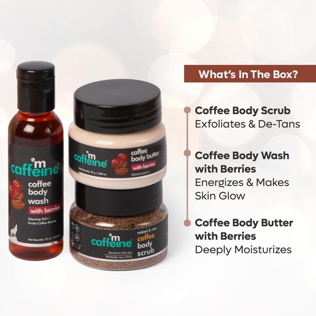 mCaffeine Body Care Gift Set for Women & Men with Berries Body Wash, Scrub & Butter – Hydrating Skin Kit