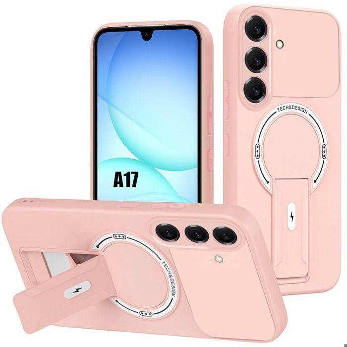 Coque pour Samsung Galaxy A17 4G/5G, Protection Silicone avec Support et Cercle Magnétique - Rose