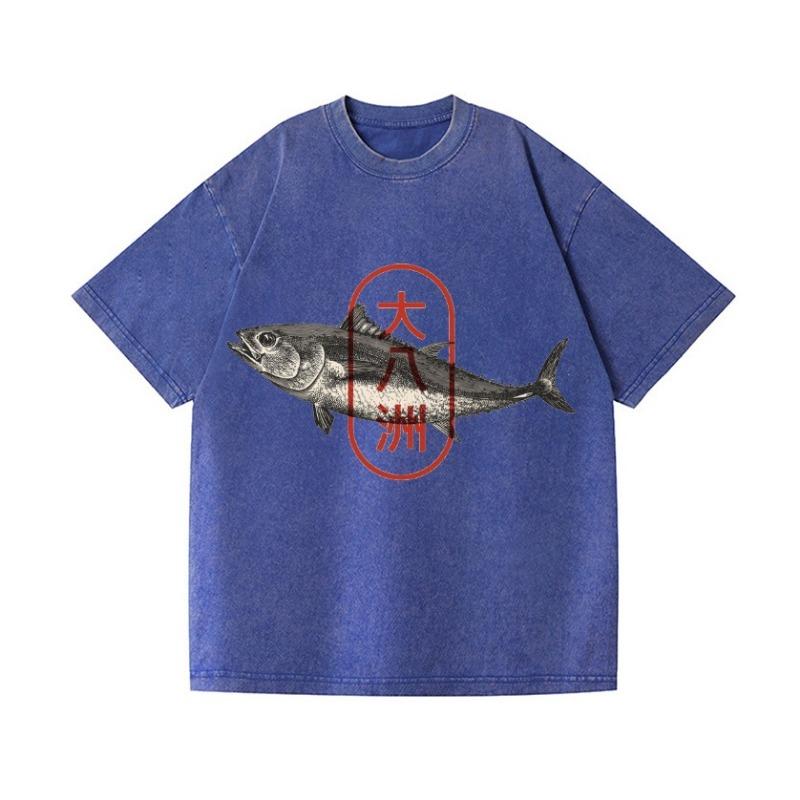 Summer Fashion 100% Cotton Washed Acid T-shirts Great Eight Islands of Japan Tuna Fish Vintage Wash Japanese Design Tees