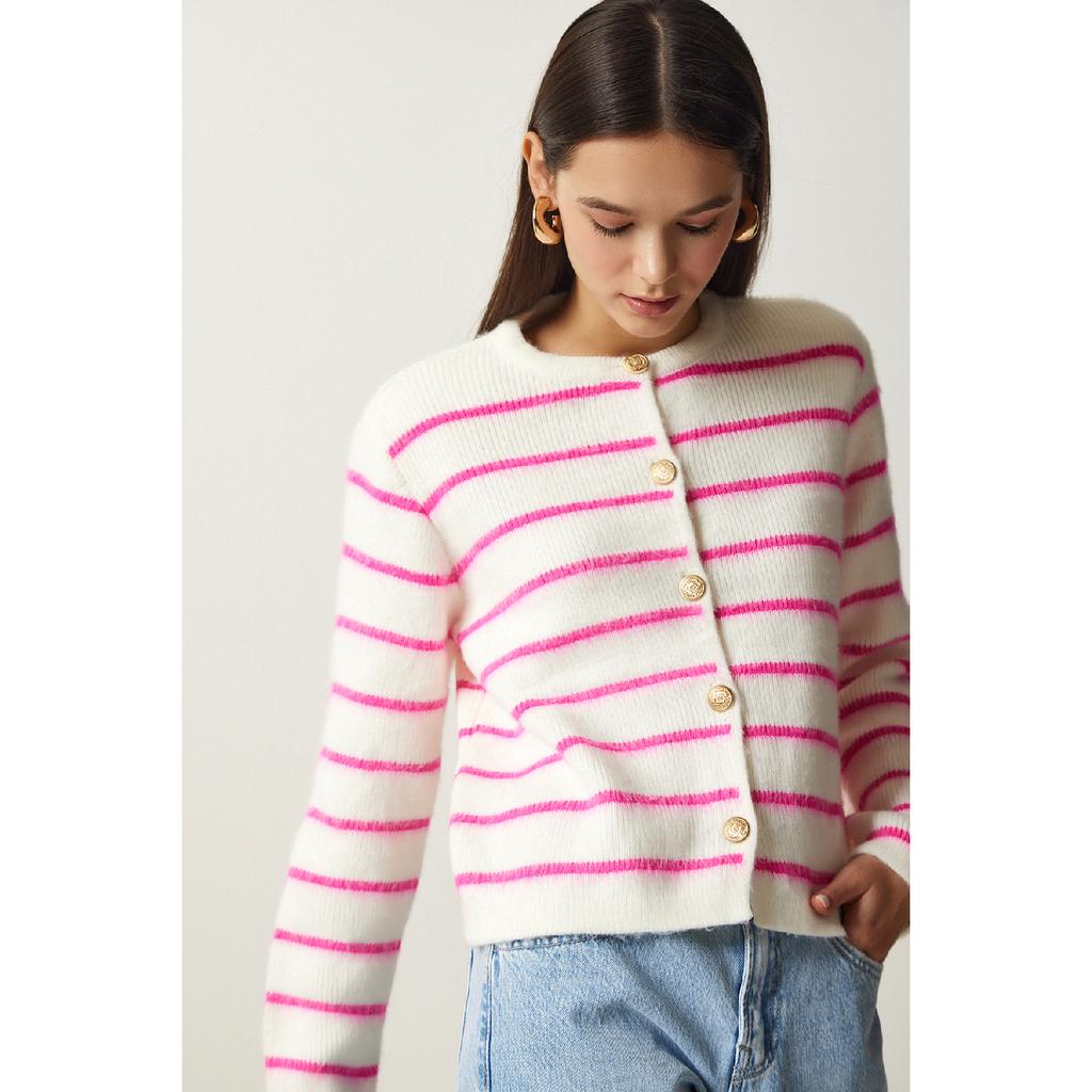 Женский костяной черный стильный трикотажный кардиган в полоску на пуговицах Pf00051