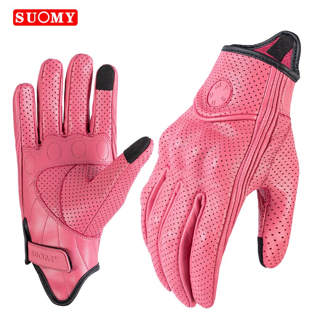 SUOMY Lady Pink Retro Leather Motorcycle Gloves Women Touchscreen Motocross Gloves Hard Shell Protective Motorbike Glove XS-L