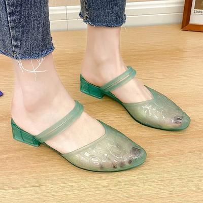 Прохладные женские тапочки с кристаллами, летняя одежда, универсальные прозрачные заостренные тапочки на толстом каблуке, противоскользящие одно слово, перетаскивание