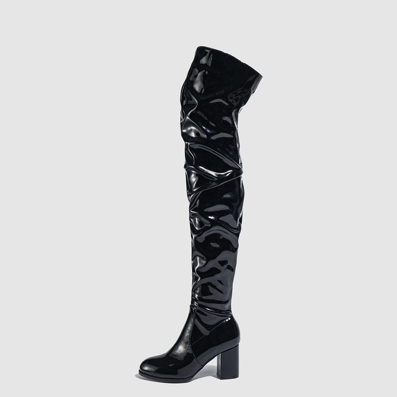Eilyken Winter Patent Leather Women Over-the-knee Boots Fashion Nightclub Round Toe Zip Booties Square High Heels Ladies Shoes
