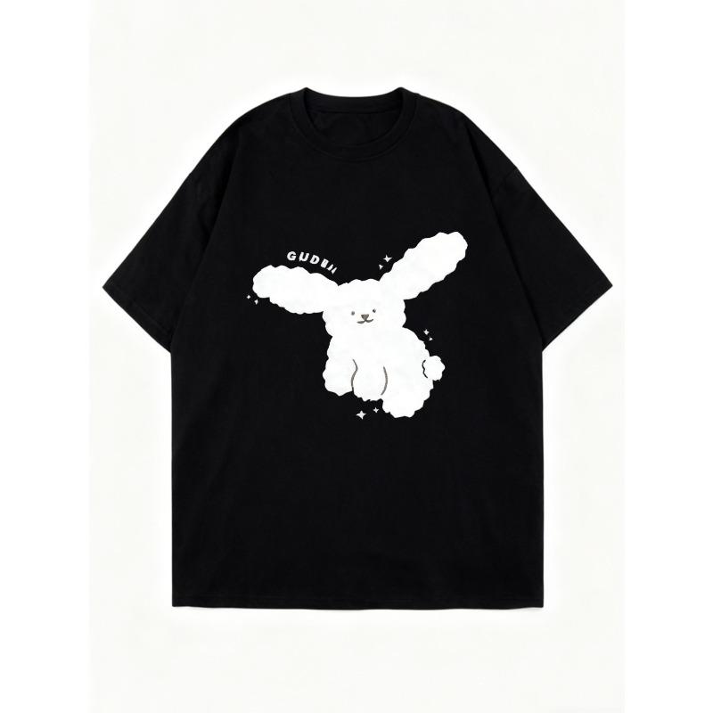 Футболка оверсайз черная с принтом кролика и надписью Gudbai. Повседневная одежда для женщин. Летний наряд. Уличная мода. Топ