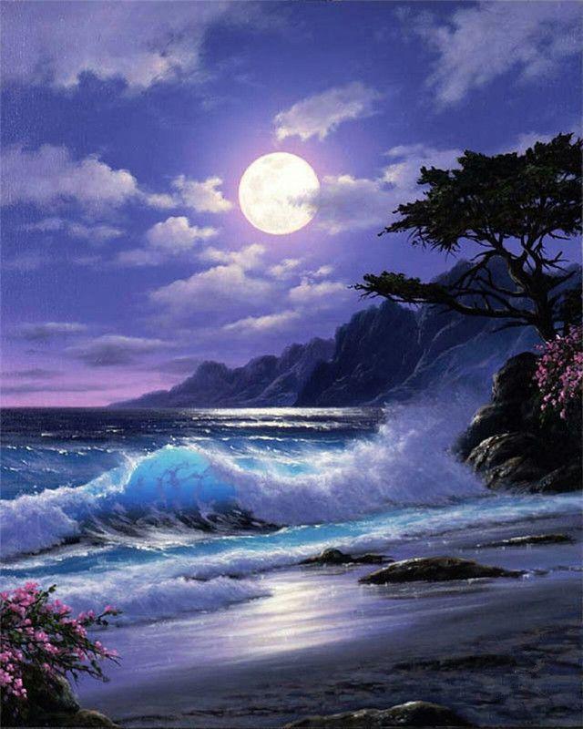 RUOPOTY DIY Painting By Numbers Moon Landscape Acrylic On Canvas Wall Art Picture By Numbers Seaside For Living Room