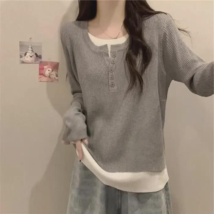 Большие размеры Женская осенняя свободная приталенная рубашка «два в одном» с длинным рукавом