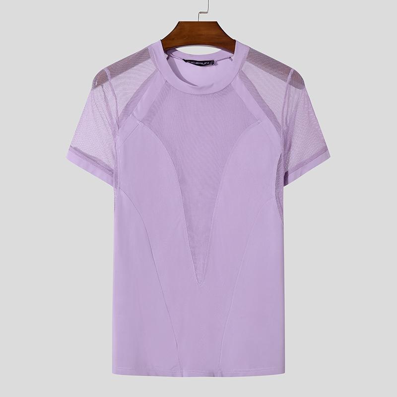 INCERUN Мужская летняя сетчатая футболка с коротким рукавом, лоскутная одежда для вечеринок и клубов