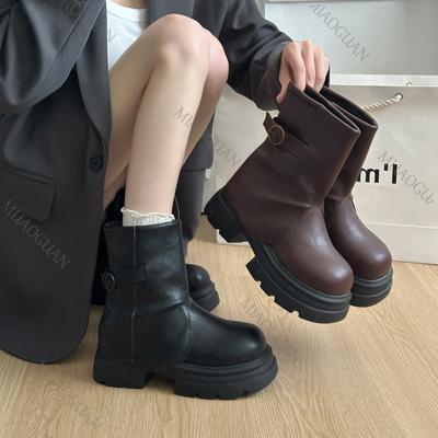 Модные Ретро Ботильоны на Толстой Подошве с Плиссировкой и Складками для Женщин, Увеличивающие Рост, Универсальная Повседневная Женская Обувь, Однотонные Боты на Толстом Высоком Каблуке