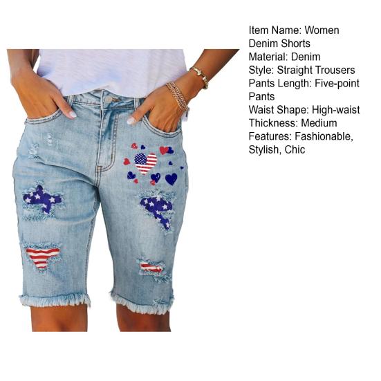Женские потертые рваные джинсовые шорты Yousheng, эластичные шорты с высокой талией и принтом американского флага, летние повседневные джинсовые шорты