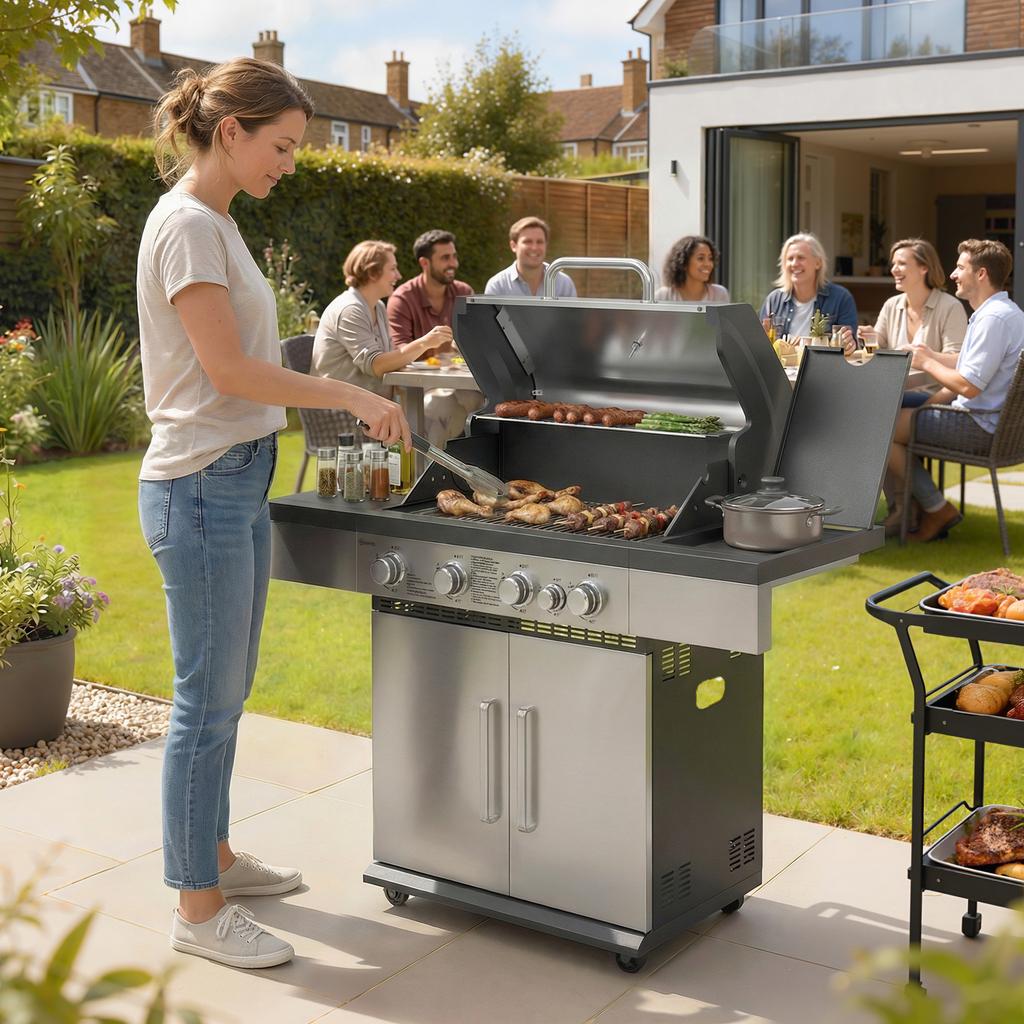 4+1 Burner Gas Bbq Grill Portable Gas Barbecue Grill With Side Burner Warming Rack Side Shelf Storage Cabinet