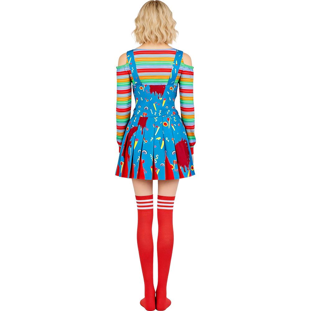Scary Doll Cosplay Dress Women Horror Doll Halloween Themed Costume Dress Rainbow Stripe Off Shoulder Top Suspender Skirt Socks