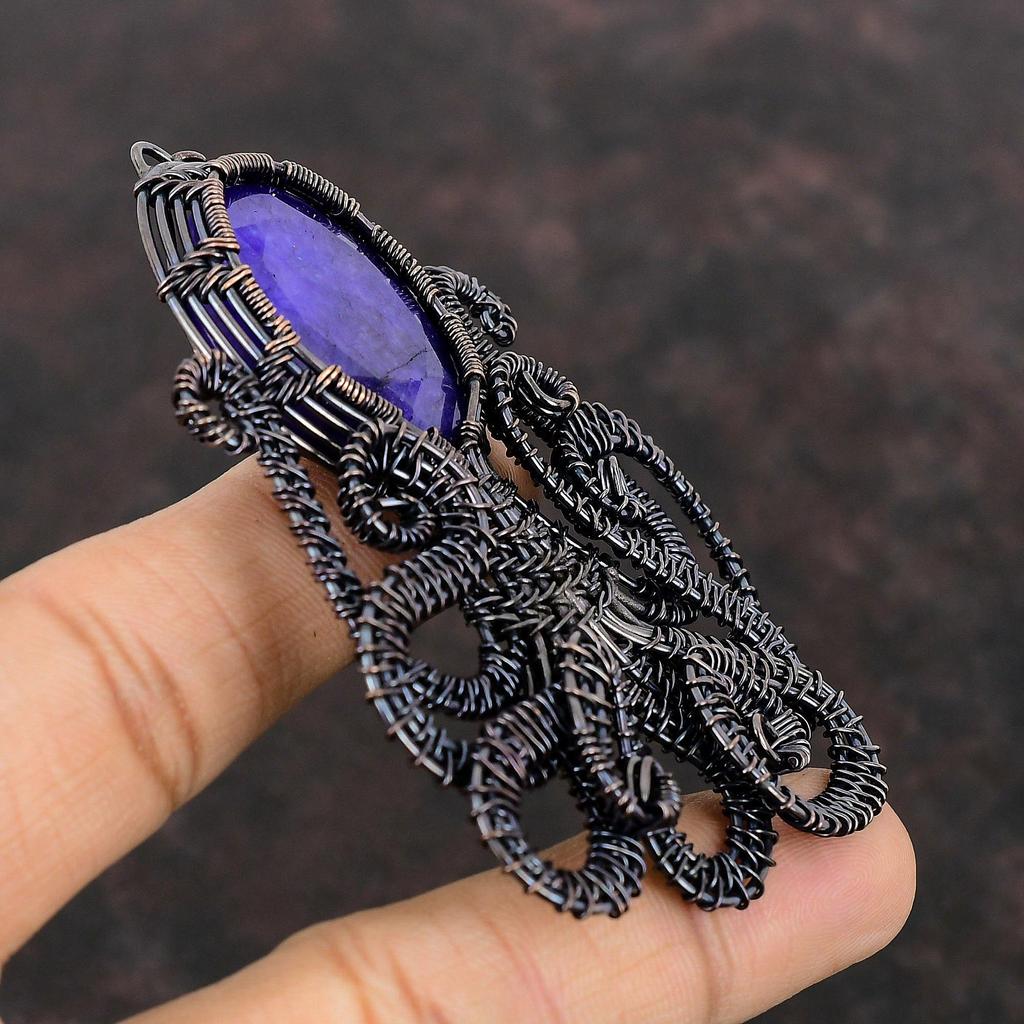 Ограненный Синий Сапфир Кулон Медная Проволока Обернутый Кулон Ювелирные Изделия Из Драгоценных Камней Кулон Осьминог Кулон Ручной Работы Медная Проволока Ювелирные Изделия Подарок Для Нее