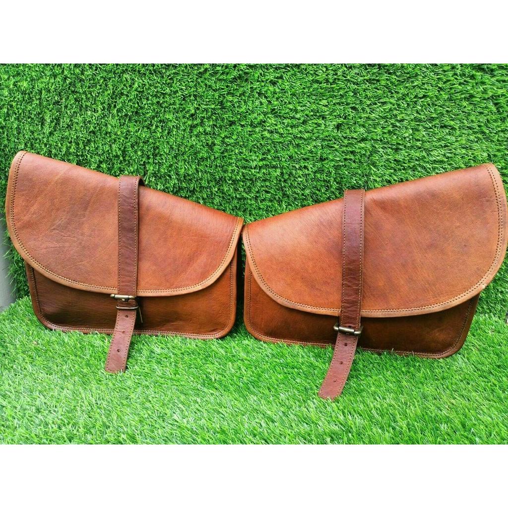 Combo Brown Vintage Leather 3 Saddle Bag Motorcycle Swing Arm Storage Tool Pouch