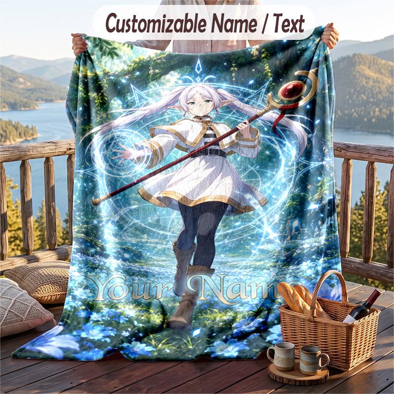 Custom Text Flannel Throw Blanket, Lightweight Cozy Bed Sofa BlanketFrieren Beyond Journey's End